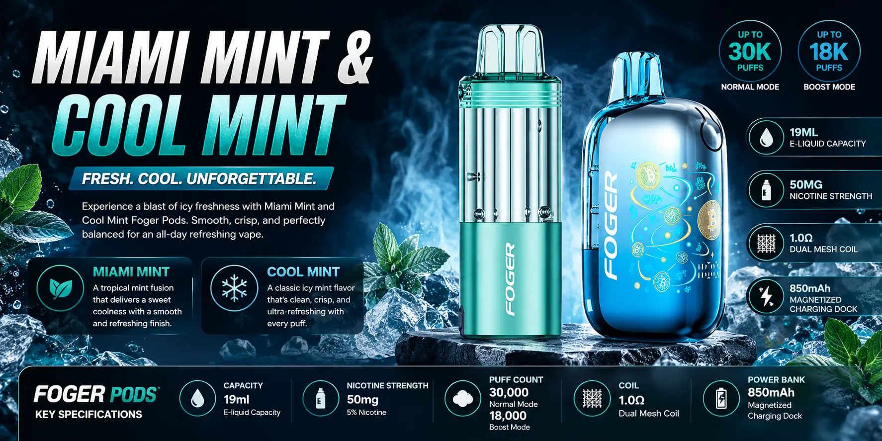 Foger Pod Miami Mint and Cool Mint flavors
